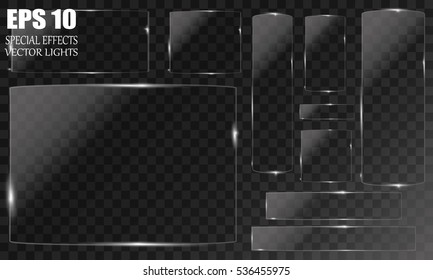 Glass plates set. Vector acrylic banners on transparent background.