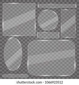 Glass plates set. Vector glass banners on transparent background. Glass mirror, transparent.