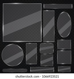 Glass plates set. Vector glass banners on transparent background. Glass mirror, transparent.