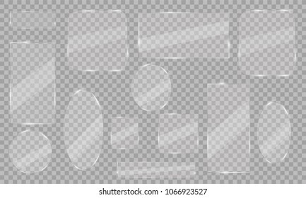 Glass plates set. Vector glass banners on transparent background. Glass mirror, transparent.