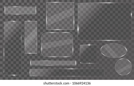 Glass plates set. Vector glass banners on transparent background. Glass mirror, transparent.