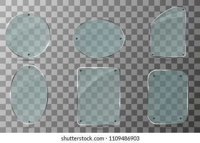 Glass plates set. Vector glass banners on transparent background.