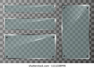 Glass plates set. Vector glass banners on transparent background.