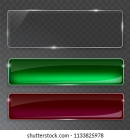 Glass plates set. Vector glass banners on transparent background.