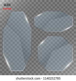 Glass plates set. Vector glass banners on transparent background.