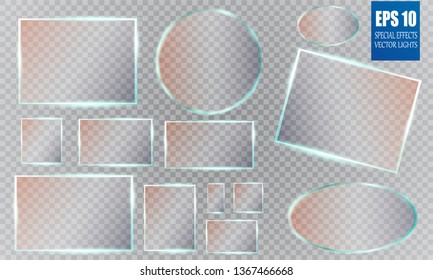 Glass plates set. Vector glass banners on transparent background