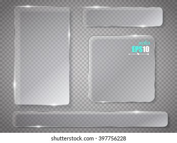 Glass plates set. Vector glass banners on transparent background.