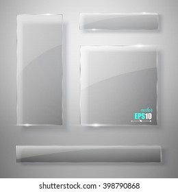 Glass plates set. Vector glass banners on transparent background.