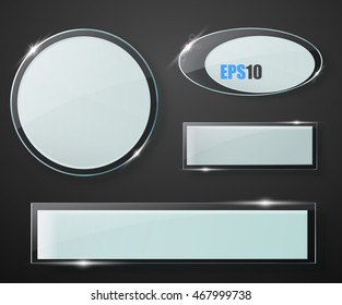 Glass plates set. Vector glass banners on black background.