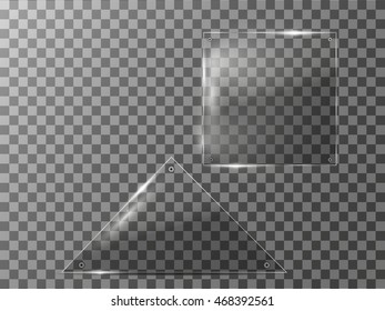 Glass plates set. Vector glass banners on transparent background.