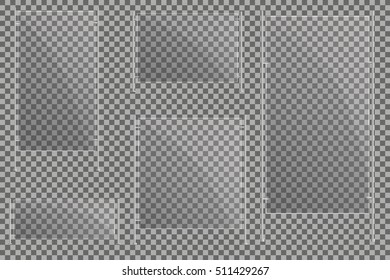 Glass plates set. Vector glass banners on transparent background.