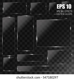Glass plates set. Vector glass banners on transparent background.