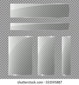 Glass plates set. Vector glass banners on transparent background.