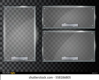 Glass plates set. Vector glass banners on transparent background