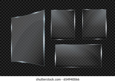 Glass plates set. Vector glass banners on transparent background.
