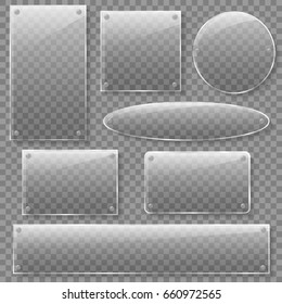 Glass plates set. Vector glass banners on transparent background.