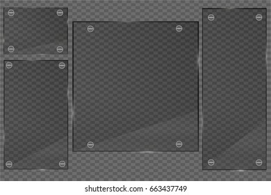 Glass plates set. Vector glass banners on transparent background.