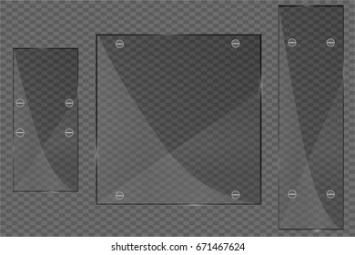Glass plates set. Vector glass banners on transparent background.