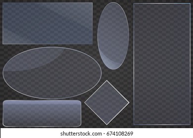 Glass plates set. Vector glass banners on transparent background.
