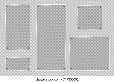 Glass plates set. Vector glass banners on transparent background.