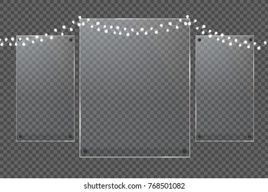 Glass plates set. Vector glass banners on transparent background.
