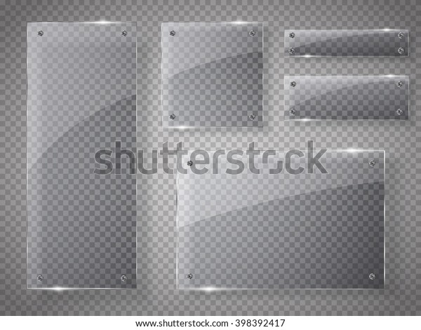 Glass plates set. Vector glass banners on\
transparent background.