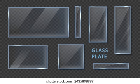 Glass plates template realistic set isolated on dark background. 3d clear glass banner or frame. Acrylic and glass texture with glares and light.