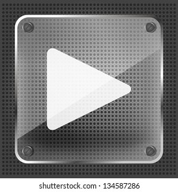 Glass play icon on a metallic background