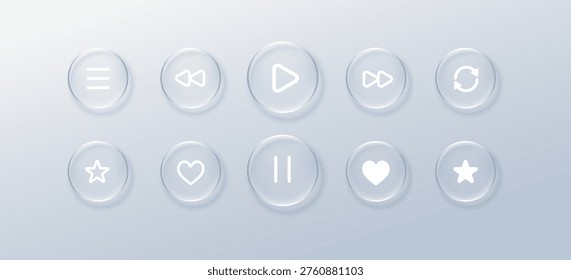 Glass play liquid with button glassmorphism bubble for player effect music. Icon ui tech with glass text star for label hud morphism. Glossy card glass with transparent button sound.