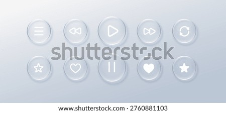 Glass play liquid with button glassmorphism bubble for player effect music. Icon ui tech with glass text star for label hud morphism. Glossy card glass with transparent button sound.