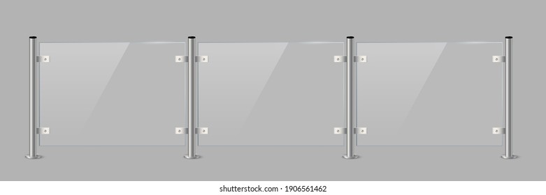 Glass or plexiglass fence with banisters. Architectural guardrail for balcony or office terrace vector illustration. Realistic modern decoration front view on gray background.