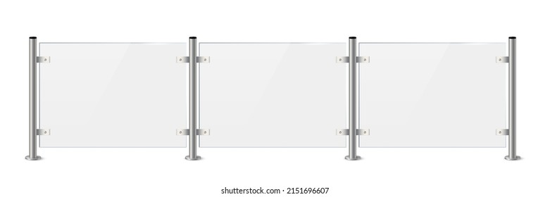 Glass or plexiglass fence with banisters. Architectural guardrail for balcony or office terrace vector illustration. Realistic modern decoration front view on white background