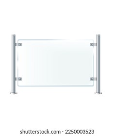 Glass or plexiglass fence with banisters. Architectural guardrail for balcony or office terrace.