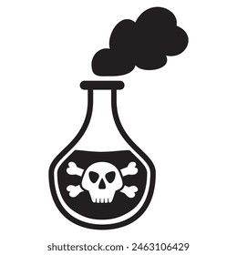 Glass poison bottle icon. Bottle with skull label.Poisonous chemical toxin with crossbones label.Outline vector illustration.Isolated on white background.Magic acid toxic. Toxic smoke.Venom liquid.