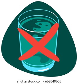 Glass of polluted water with red cross sign. Isolated. On green background.
