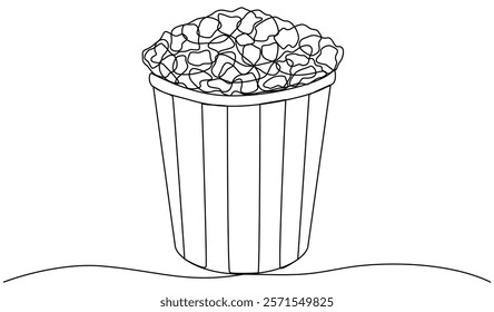 Glass with popcorn continuous one line drawing. Food for movie watching concept. Vector illustration isolated on white.