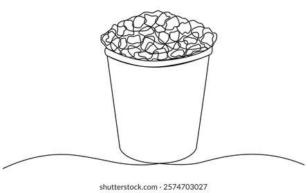 Glass with popcorn continuous one line drawing. Food for movie watching concept. Vector illustration isolated on white.