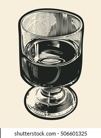 Glass Of Port Wine. Hand Drawn Design Element. Engraving Style. Vector Illustration.