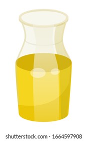 Glass pot contains golden liquid inside. Vessel with viscous substance used in cooking and cosmetics. Vegetable, olive or sunflower, oil good for hairs. Vector illustration of haircare in flat style