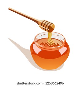 A glass pot full of honey and honey dipper vector illustration