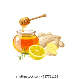 A glass pot full of honey, honey dipper, sliced ginger and half of lemon. Vector illustration cartoon flat icon isolated on white.