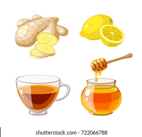 A glass pot full of honey, honey dipper, sliced ginger, lemon and cup of tea. Vector illustration cartoon flat icon isolated on white.