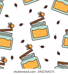 Glass pot full of honey. Seamless pattern. Bee and wooden honey dipper. Open jar. Hand drawn style. Vector drawing. Design ornaments.