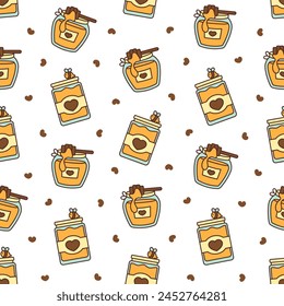 Glass pot full of honey. Seamless pattern. Bee and wooden honey dipper. Open jar. Hand drawn style. Vector drawing. Design ornaments.