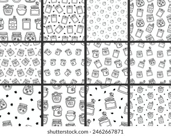 Glass pot full of honey. Seamless pattern. Coloring Page. Bee and wooden honey dipper. Open jar. Hand drawn style. Vector drawing. Collection of design ornaments.