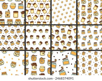 Glass pot full of honey. Seamless pattern. Bee and wooden honey dipper. Open jar. Hand drawn style. Vector drawing. Collection of design ornaments.