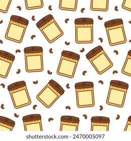 Glass pot full of honey. Seamless pattern. Bee and wooden honey dipper. Open jar. Hand drawn style. Vector drawing. Design ornaments.
