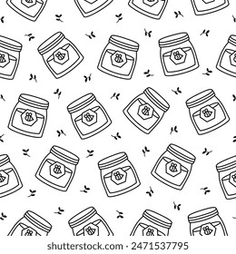Glass pot full of honey. Seamless pattern. Coloring Page. Bee and wooden honey dipper. Open jar. Hand drawn style. Vector drawing. Design ornaments.