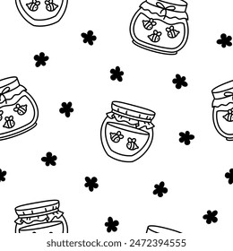 Glass pot full of honey. Seamless pattern. Coloring Page. Bee and wooden honey dipper. Open jar. Hand drawn style. Vector drawing. Design ornaments.