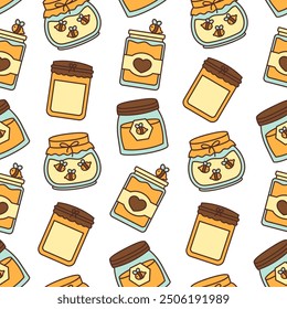 Glass pot full of honey. Seamless pattern. Bee and wooden honey dipper. Open jar. Hand drawn style. Vector drawing. Design ornaments.